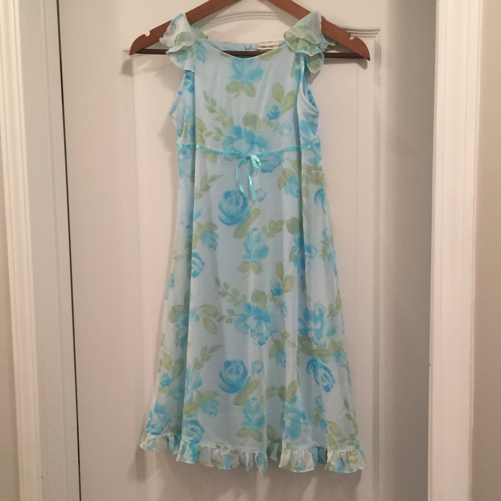 Cherokee Girl’s Floral Dress Blue and Green with Bow Accent- Medium Size 8